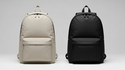 Two modern backpacks in neutral colors