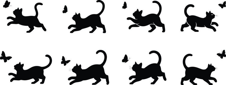 Set of Minimalist black cat chasing butterfly playful action silhouette vector icon