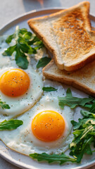 Minimalist breakfast healthy egg meal toast arugula sunny side up morning food rustic plate fresh green salad gives cozy minimalist healthy meal mood for simple bright start