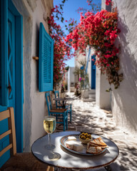 Beautiful Relaxed Mediterranean Alley Scene with White Wine, Feta, Olives and Pita on a Small Table, Whitewashed Walls, Blue Doors, Red Flowers and Copy Space