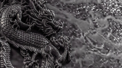 Majestic Black Dragon Relief Sculpture 3d render.