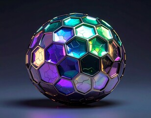 Iridescent sphere with honeycomb-like segments reflecting light and color