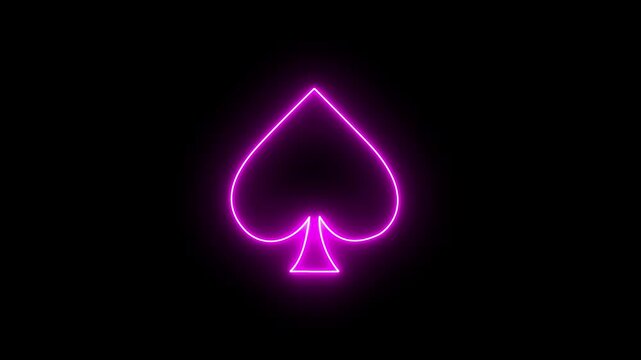 Glowing pink neon spade playing card symbol animation. Bright Gaming Element. Futuristic Poker Card Suit. 4K Seamless loop motion graphic.