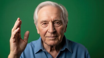 Distinguished elderly man with a calm expression and gentle hand gesture against a vibrant green