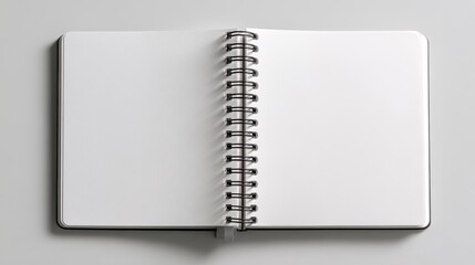 Overhead studio shot of an open, blank sketchbook. Black cover and a spiral binding, centered on a light gray surface. Ready for creative expression