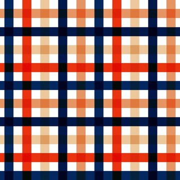 A seamless, repeating tartan plaid pattern featuring white, orange, beige, and navy blue stripes, creating a classic and cozy textile background
