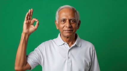 Elderly man showing an OK hand gesture and smiling in front of a green screen background