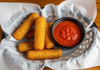 Mozzarella sticks in a basket with marinara dipping sauce on a wooden table