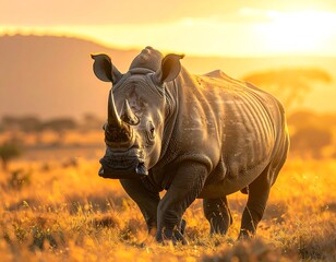 Fototapeta premium Large rhino walks in a sunlit savanna with a glowing sunset