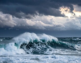 Powerful ocean wave cresting under stormy, dramatic, dark clouds