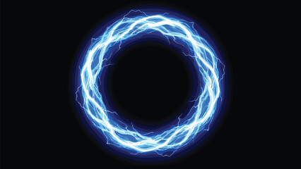 Abstract glowing blue electric lightning circle ring isolated on black background for high voltage power and futuristic energy concepts (19 words)