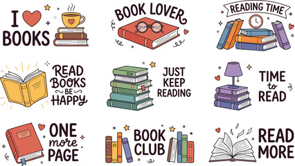 Set of cute hand drawn book lover stickers with reading quotes suitable for education library literature and study design elements (20 words)