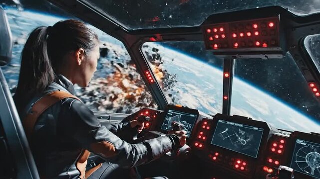 Astronaut woman navigating spaceship through asteroid field in space