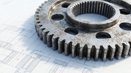 A large metallic weathered gear rests on a detailed engineering blueprint with grid lines and technical drawings clearly visible mechanical industry machinery industrial design project manufacturing