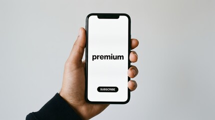 Hand holding a smartphone displaying the word 'premium' above a 'subscribe' button on a white screen with a neutral background mobile technology application app digital online membership