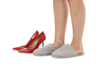 Two types of shoes near female feet in clear background, PNG