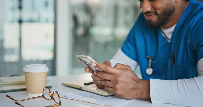 Hands, doctor and happy man in hospital, smartphone and typing with social media. Medical service, professional and person in clinic, cellphone and message to contact, texting and communication