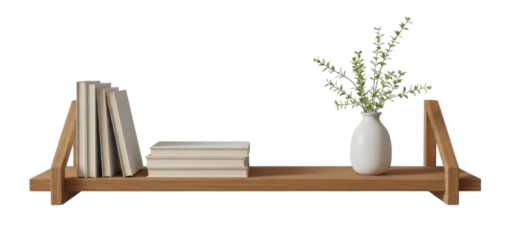 Wooden shelf with books and vase transparent background cutout png