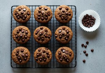 A cooling rack with chocolate chip muffins and a bowl of chocolate chips on a gray surface
