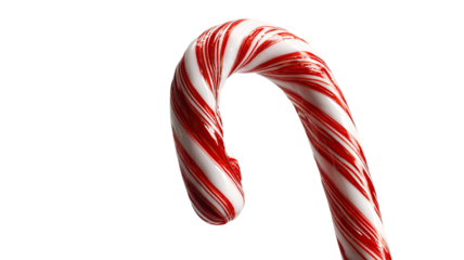 Red and white candy cane with glossy twisted sugar texture holiday sweet food studio photography isolated on white background