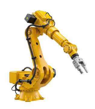 Yellow industrial robotic arm with gripper transparent background cutout png