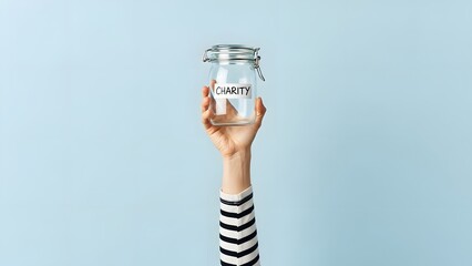 Hand holding a jar with piggy bank and coins