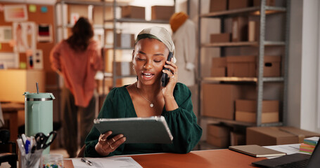 Woman, designer and phone call with tablet at workshop, fashion or dropshipping order at startup. Person, smartphone and tech for talk, app and contact with creative project for clothes at studio