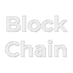Block Chain glossy 3D glass text effect featuring transparent letters for cryptocurrency technology concepts, digital finance, and secure network designs