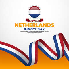 Netherlands kings day greeting card, square banner background with warving ribbon flag