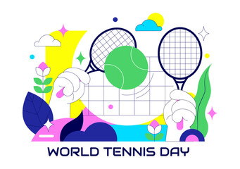 World Tennis Day Vector Illustration on March 2 Featuring Racket and Ball on Court During Sports Match in Flat Style Cartoon Background