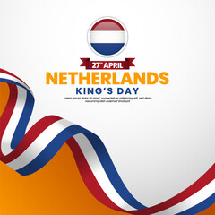 Netherlands kings day greeting card, square banner background with warving ribbon flag