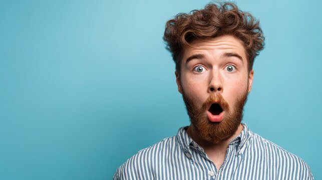 Portrait of a startled, bearded man with auburn hair and wide eyes against a solid, light-blue background. He looks astonished
