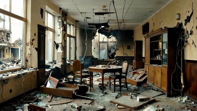 Abandoned Dilapidated Interior Room with Debris and Broken Furniture.