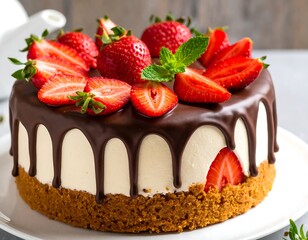Delightful cheesecake with chocolate drizzle and fresh strawberries
