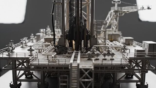 Highly detailed metallic miniature model of an offshore oil drilling platform