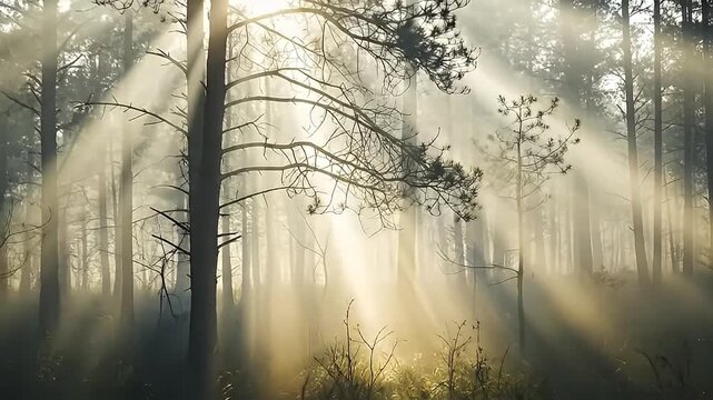 Ethereal sunbeams pierce through a dense misty pine forest creating dramatic light rays illuminating the quiet woodland floor at dawn