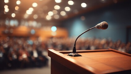 A wooden podium with a microphone in a crowded auditorium.