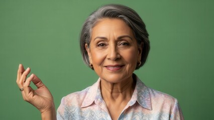 Elegant senior woman with stylish short gray hair and warm smile posing against a green background