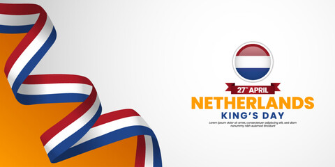 Netherlands kings day banner background design element with waving ribbon flag