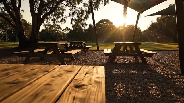Serene outdoor picnic area with wooden tables at sunset