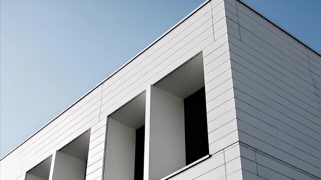 Minimalist architectural facade featuring stark white geometric lines and deep recessed windows against a clear pale blue sky backdrop