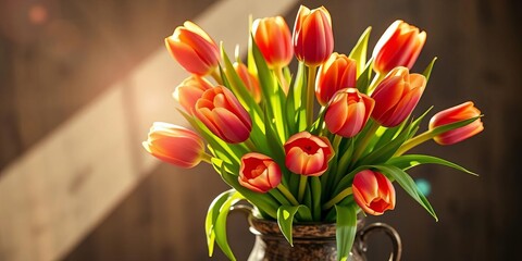 Sunlit bouquet of vibrant tulips in a rustic vase, home decor, bright
