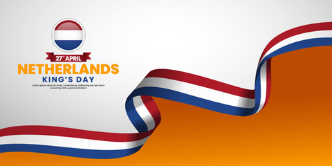 Netherlands kings day banner background design element with waving ribbon flag