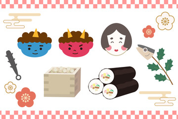 日本の節分行事イラスト素材セット（鬼の顔・お多福・イワシ・豆・和柄）