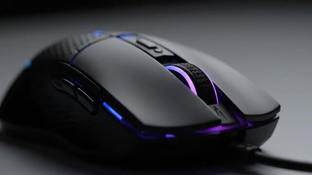 A sleek black gaming mouse with glowing orange accents, seen in a close-up shot