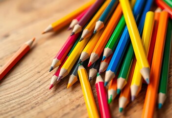 Vibrant colored pencils scattered on wooden table, close-up,  close-up,  workspace