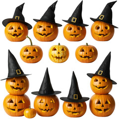Collection of halloween jack olantern pumpkins with witch hats isolated on transparent background