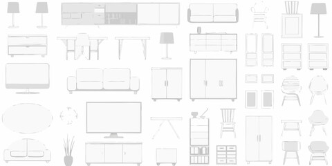 Minimalist furniture collection sofas cabinets tables lamps and tv stand outlines