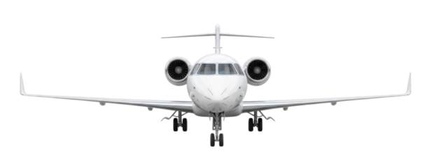 Front view of a white private jet airplane transparent background cutout png