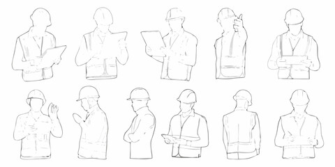 Fototapeta premium Line art illustration depicting construction workers in various poses and outfits